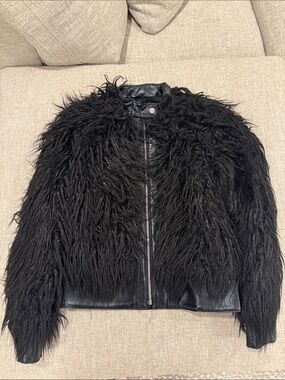 Theory Black Faux Fur Teddy Moto Jacket